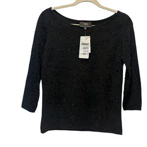 NEW Sandra Darren Black Beaded 3/4 Sleeve Knit Top Scoop Med Elegant VTG Glam